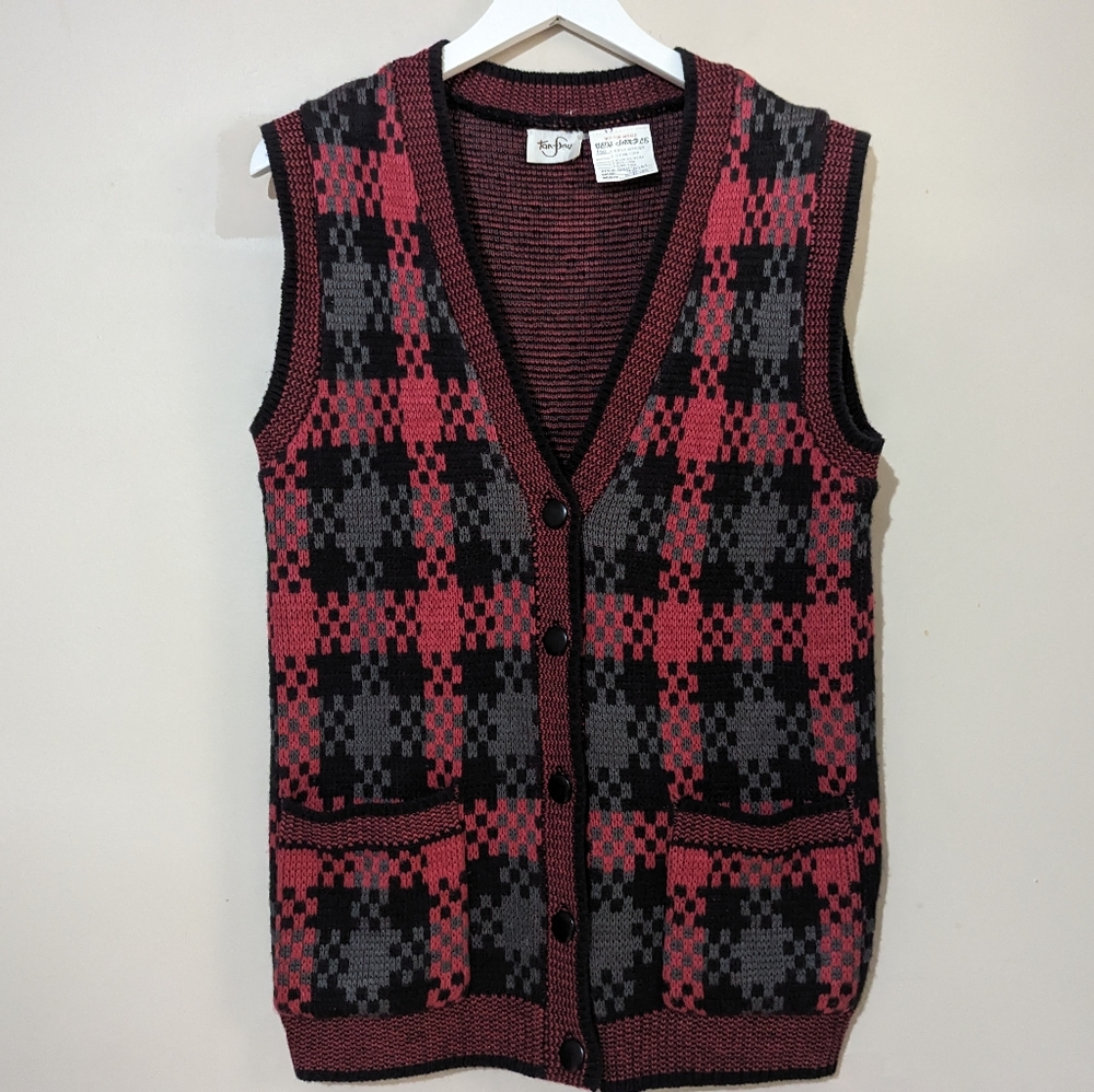 Houndstooth Sweater Vest Vintage Plaid V-Neck Button Up Plaid Unisex!
